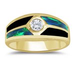 0.30 CT TW MENS DIAMOND INLAID CREATED OPAL & ONYX BAND
