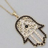 Hamsa Necklace, (Hands of God), Religious Jewelry,Gold, Black & Stone, Large