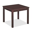 Basyx Products - Corner Tables, 24"x24"x20", Mahogany - Sold as 1 EA - Veneer corner table is ideal for reception areas or lobbies. Design features 1" thick particleboard construction with beaded edge detail. Legs are 1-3/4" square by 19-1/4" long and made of solid hardwood. The apron rails are made of 3/4" thick particleboard with a finished veneer front. Corner blocks have die-formed steel corner bracing. Corner table meets or exceeds ANSI/BIFMA standards.