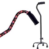 Quad Cane -Red Hat at Small base. Offset handle for greater stability. This quad cane has 300 pounds capacity. Push button height adjustmen in 1
