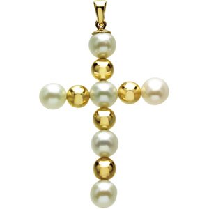 14k Yellow Gold Freshwater Cultured Pearl Cross Pendant