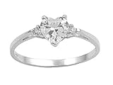 Sterling Silver Ring - Clear CZ - Heart - Prong Set - 7 mm x 2 mm, Size 4-9