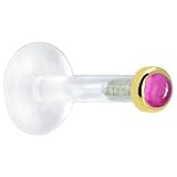 14 Gauge 3/8 Inches Solid 14KT Yellow Gold 2mm Genuine Pink Tourmaline Bioplast Push in Labret