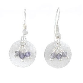 Round Brushed Satin Disc Dangle Earrings in Sterling Silver with Iolite Gemstone Beads, #7939