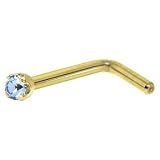 Solid 14KT Yellow Gold 2mm Light Blue Cubic Zirconia L-Shaped Nose Ring - 18 Gauge