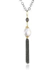 Fern Freeman 22K and Rhodium Silver Pave Diamonds and Baroque Pearl Tassel Necklace, 39.70"