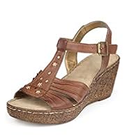 Footglove™ Original Leather Wide Fit Stud Ruched T-Bar Wedge Sandals