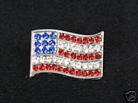 Silvertone Rhinestone waving american Flag brooch pin