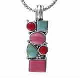 Sterling Silver Trendy Pink, Red Coral & Turquoise Mosaic Pendant