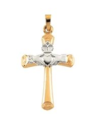 14K Gold Two Tone Hollow Claddagh Cross Pendant