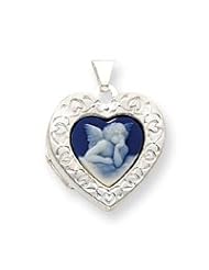 Sterling Silver Angel Cameo 21mm 2-Frame Heart Locket