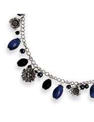 Sterling Silver Sodalite/B.Goldstone/Black Crystal/Cultured Pearl Necklace - 17 Inch