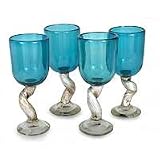 NOVICA Blown glass water goblets, 'Large Silver Aqua Twist' (set of 4)