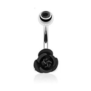 Black Crystal Cubic Zirconia Belly Button Ring Silver Bar - CZ Top Black Metal Flower Navel Ring (1pc)