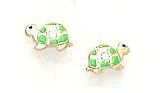 14k Yellow CZ Green Enamel Childrens Turtle Earrings