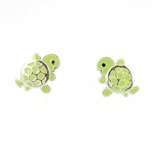 Tiny Green Enamel Turtle Stud Earrings for Children in Sterling Silver, #7581