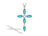 14K White Gold Genuine Marquise Blue Topaz and Diamond Cross Pendant