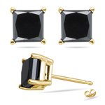1.00 Ct AA Princess Black Diamond Stud Earrings in 14K Yellow Gold-Screw Backs