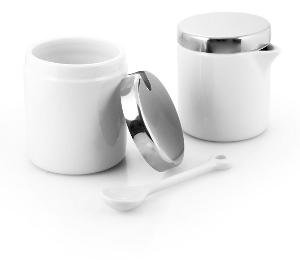 Sugar & Creamer Set with Stainless Steel Lids and Spoon- White Porcelain