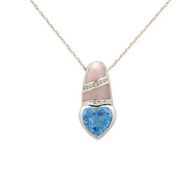14K White Gold Diamond and Pink Mother of Pearl and Blue Topaz Pendant