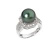 14k White Gold, Diamond & Tahitian Black Pearl Ring (0.17ctw)- Sizes 6-8