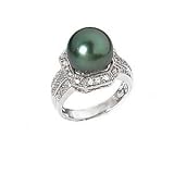 14k White Gold, Diamond & Tahitian Black Pearl Ring (0.17ctw)- Sizes 6-8