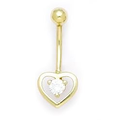 Solid 14k Yellow Gold Zirconia Hollow Heart Belly Ring