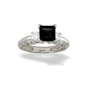 14K White Gold Genuine Square Black Onyx and Diamond Engagement Ring by Jewels For Me