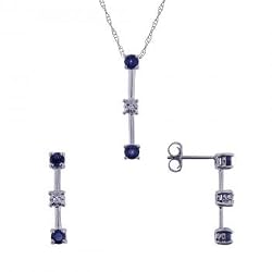 Sapphire & Diamond 3 Stone Earring Pendant Set in Solid White Gold
