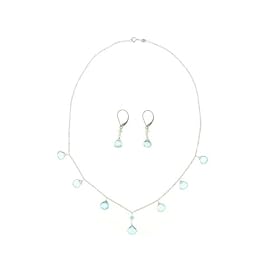 14k White Gold Blue Topaz Station Necklace and Dangle Earrings Set by Blue-Topaz Necklaces