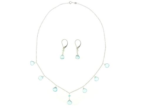 14k White Gold Blue Topaz Station Necklace and Dangle Earrings Set