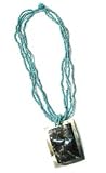Twin Palm Blacklip Mother of Pearl Rectagular Framed Shell MutliStrand Blue Bead Necklace P13-D