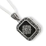 Sterling Silver Marcasite and Onyx Locket Necklace - 18 Inch