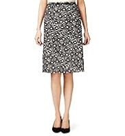 Linen Blend Geometric Print Knee Length Skirt