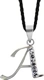 Silver Initial Pendant A with crystals - Comes with Japanese silk necklace with silver findings - 16.5