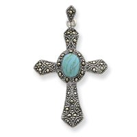 Sterling Silver 18 Box Chain Marc Turquoise Cross Pendant - 18 Inch - Spring Ring