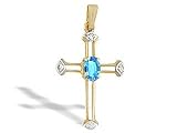 14K Yellow Gold Genuine Oval Blue Topaz and Diamond Cross Pendant