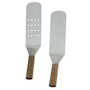 NEW Set of Two (2) 14½-Inch Long Grill Spatula Turner Spatula Barbecue BBQ Spatula Solid Stainless Steel Flexible Blades Riveted Smooth Wood Handle Commercial Grade One Perforated Face Spatual and One Solid Face Spatula