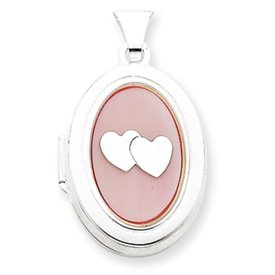 Sterling Silver MOP with 2 Hearts 2-Frame Oval Locket