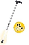 Walking cane with safety light has ergonomic grip handle for comfort with push button to illuminate the lower half of the cane. Great for getting around in the garage or workshop. Adjustable in 1 increments
