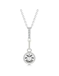 Alexander James White Gold Rhodium Bonded Solitaire Pendant with a Bezel Set Round Cut Clear CZ in a Silvertone Frame Hanging on a Line of Small Round Clear CZ in Silvertone Chain Included