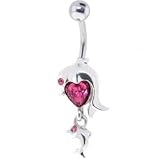 Pink Gem DOLPHIN HEART DANGLE Navel Belly Button Ring