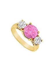 Three Stone Pink Sapphire and Diamond Ring : 14K Yellow Gold - 2.50 TGW