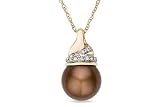 9-10mm Chocolate Cultured Freshwater Pearl and Diamond 14K Yellow Gold Pendant w/Chain