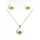 9ct Yellow Gold 10/8mm Simulated Pearl Pendant & Earring Set on 18 Fine Gold Chain by Jakob Strauss