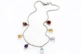 14K White Gold Beaded Diamond Cut 10 Anklet Bracelet, with Multi-Colored Dangling Drop Semi-Precious Stones