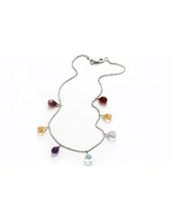 14K White Gold Beaded Diamond Cut 10" Anklet Bracelet, with Multi-Colored Dangling Drop Semi-Precious Stones