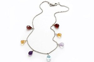 14K White Gold Beaded Diamond Cut 10 Anklet Bracelet, with Multi-Colored Dangling Drop Semi-Precious Stones