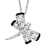 Sterling Silver Round Black & White Diamond Dragonfly Necklace