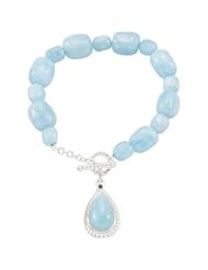 Sterling Silver Genuine Milky Aquamarine & Blue Sapphire Enhancer On Milky Aquamarine Bead Strand Bracelet by US Gems